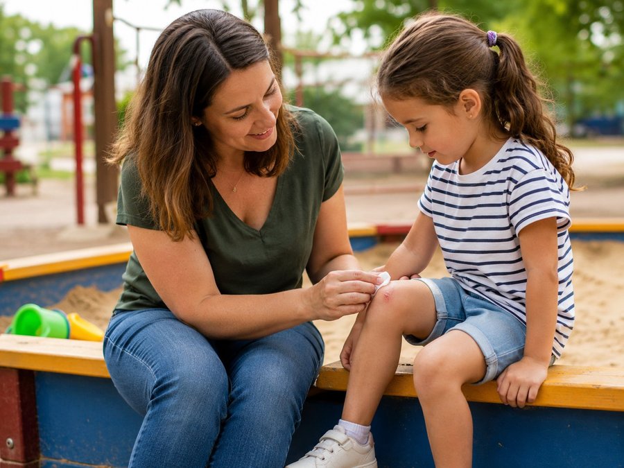 Erste Hilfe am Kind – Mutter versorgt das Knie ihrer Tochter