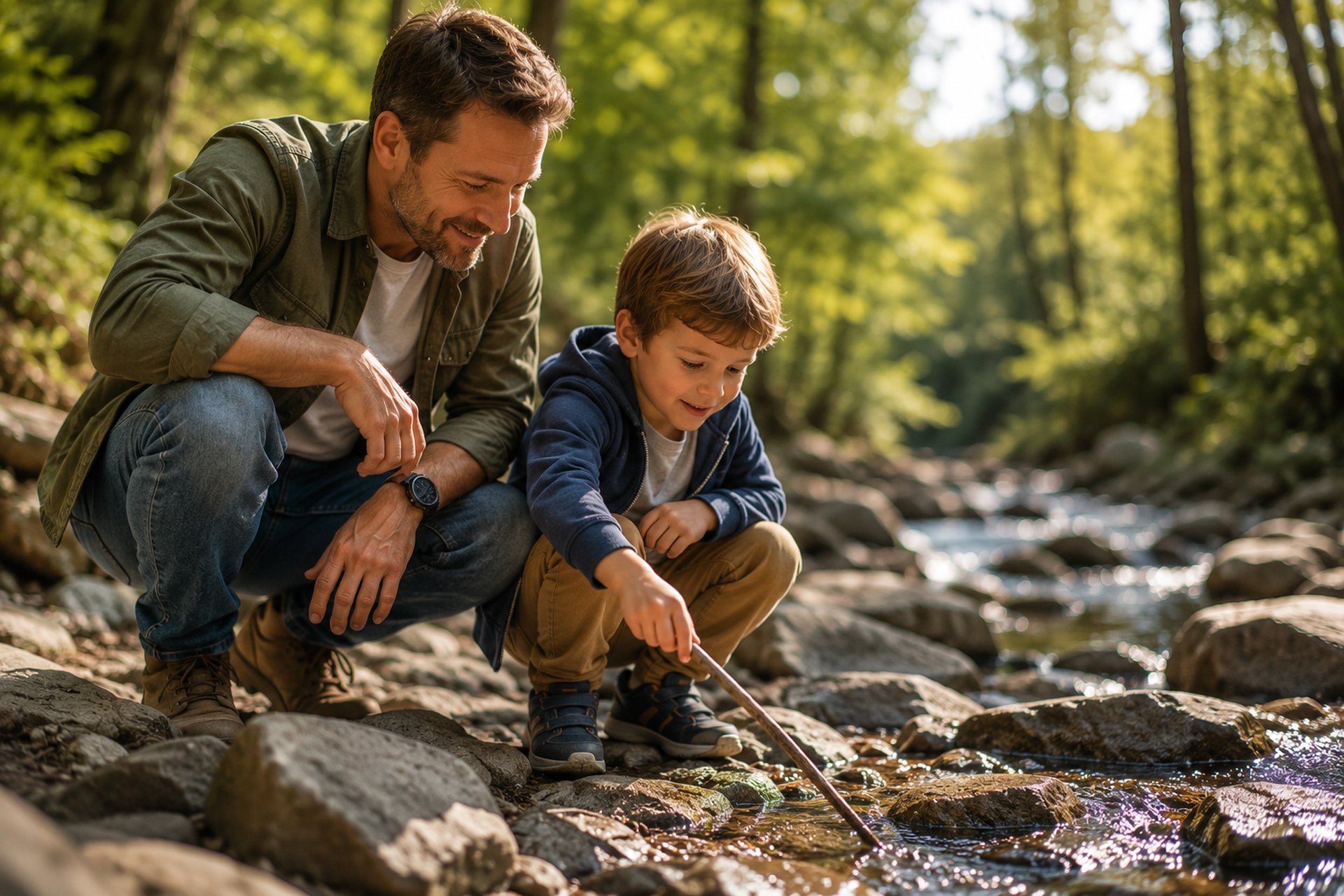 Vater und Sohn erkunden gemeinsam einen Bach